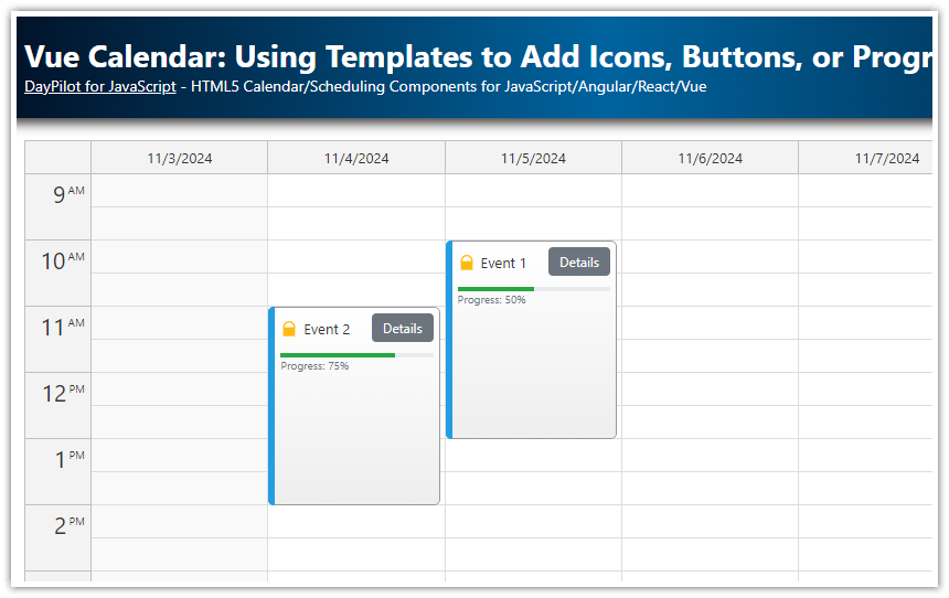 Vue Calendar   Using Templates to Add Icons, Buttons, or Progress Bars to Events